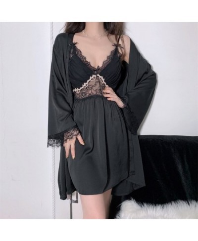 Twinset Kimono Robe Nightdress Suit Womens Lace Suspender Nightgown Bathrobe Gown Satin Home Wear Sleepwear Loungewear $43.37...