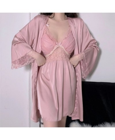 Twinset Kimono Robe Nightdress Suit Womens Lace Suspender Nightgown Bathrobe Gown Satin Home Wear Sleepwear Loungewear $43.37...