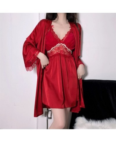 Twinset Kimono Robe Nightdress Suit Womens Lace Suspender Nightgown Bathrobe Gown Satin Home Wear Sleepwear Loungewear $43.37...