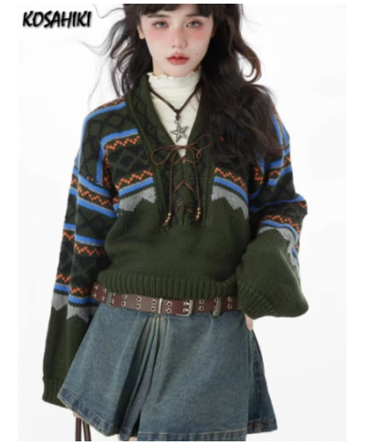 2023 Autumn Women Contrast Color Patchwork Sweater Casual Grunge Bandage Pullovers Aesthetic Harajuku Vintage Loose Streetwea...