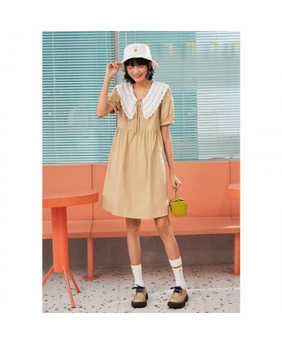 Women Dress 2023 Summer Half Sleeve Turndowm Collar A Line Solid Khaki Elegant Chill Vintage Dresses $57.59 - Dresses