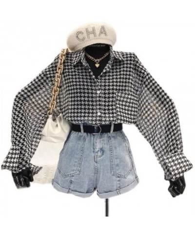 Plaid Shirt Vintage Chiffon Transparent Blouse Oversize Long Sleeve Button Up Cardigan Chic Korean Fashion Summer Top $26.17 ...