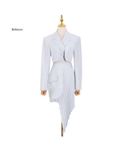 Casual White Two Piece Set for Women Notched Long Sleeve Blazer High Waist Irregular Hem Skirt Female Korean Sets $108.51 - S...