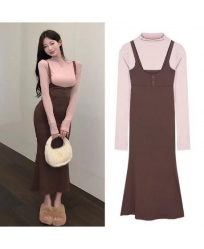 2pcs Camisole Dress Women's Elegant Slim Autumn Chic Solid Color Straps Long Fishtail Dress Lady Harajuku Vestido $32.20 - Su...