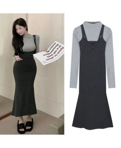 2pcs Camisole Dress Women's Elegant Slim Autumn Chic Solid Color Straps Long Fishtail Dress Lady Harajuku Vestido $32.20 - Su...