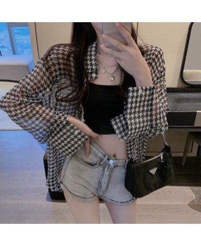 Plaid Shirt Vintage Chiffon Transparent Blouse Oversize Long Sleeve Button Up Cardigan Chic Korean Fashion Summer Top $26.17 ...