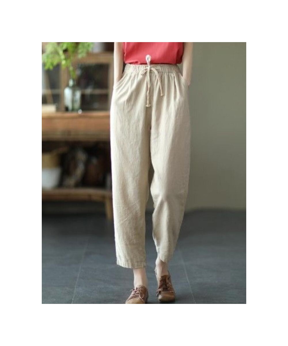 Women's Cotton Linen Pants Elastic Waist Vintage Trousers Lady Loose Casual Pants Retro Literary Cotton Ankle-Length Pants $3...