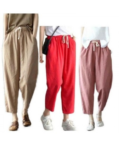 Women's Cotton Linen Pants Elastic Waist Vintage Trousers Lady Loose Casual Pants Retro Literary Cotton Ankle-Length Pants $3...