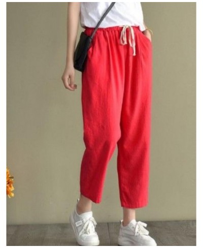 Women's Cotton Linen Pants Elastic Waist Vintage Trousers Lady Loose Casual Pants Retro Literary Cotton Ankle-Length Pants $3...