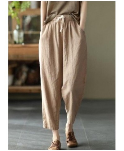 Women's Cotton Linen Pants Elastic Waist Vintage Trousers Lady Loose Casual Pants Retro Literary Cotton Ankle-Length Pants $3...