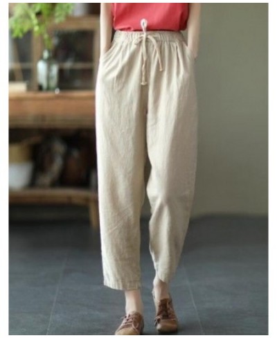 Women's Cotton Linen Pants Elastic Waist Vintage Trousers Lady Loose Casual Pants Retro Literary Cotton Ankle-Length Pants $3...