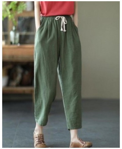 Women's Cotton Linen Pants Elastic Waist Vintage Trousers Lady Loose Casual Pants Retro Literary Cotton Ankle-Length Pants $3...