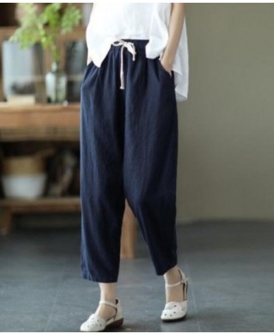 Women's Cotton Linen Pants Elastic Waist Vintage Trousers Lady Loose Casual Pants Retro Literary Cotton Ankle-Length Pants $3...