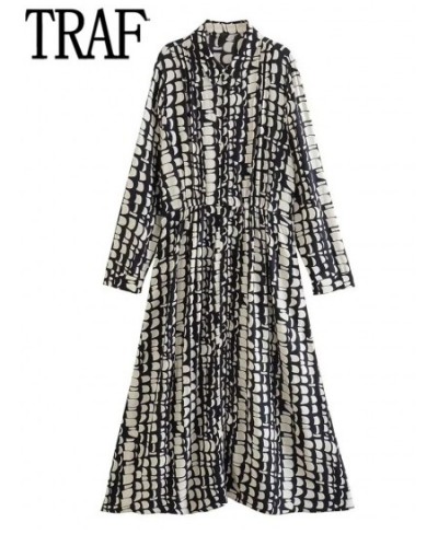 Print Shirt Dress Women Pleated Long Dress Woman Collar Button Midi Dresses for Women 2023 Long Sleeve Office Female Dress $3...