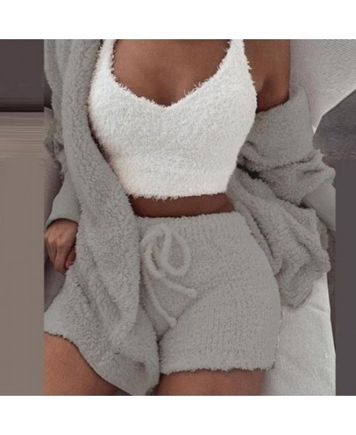 Fashion Plush Clothing Set For Women 3 Pieces Long Sleeve Jacket Crop Top + Shorts Set 2023 Autumn Tracksuit Casual Suits $39...