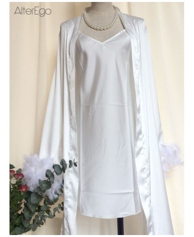 Bride Robe with Feather White Boudoir Dress Long Silk Bridal Lace Dressing Gown Bridesmaid Gifts Satin Feather Trim Bride $59...