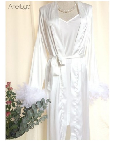 Bride Robe with Feather White Boudoir Dress Long Silk Bridal Lace Dressing Gown Bridesmaid Gifts Satin Feather Trim Bride $59...