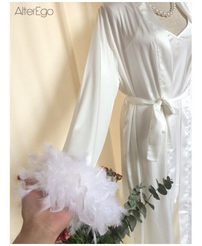 Bride Robe with Feather White Boudoir Dress Long Silk Bridal Lace Dressing Gown Bridesmaid Gifts Satin Feather Trim Bride $59...