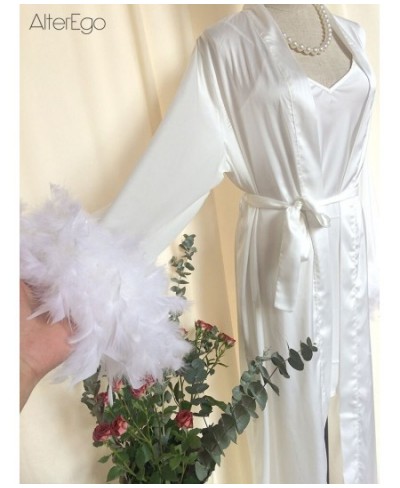 Bride Robe with Feather White Boudoir Dress Long Silk Bridal Lace Dressing Gown Bridesmaid Gifts Satin Feather Trim Bride $59...