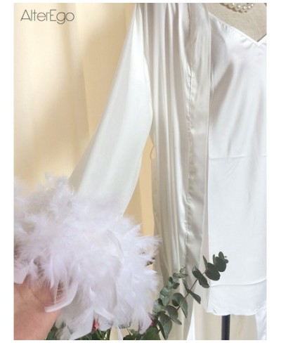 Bride Robe with Feather White Boudoir Dress Long Silk Bridal Lace Dressing Gown Bridesmaid Gifts Satin Feather Trim Bride $59...