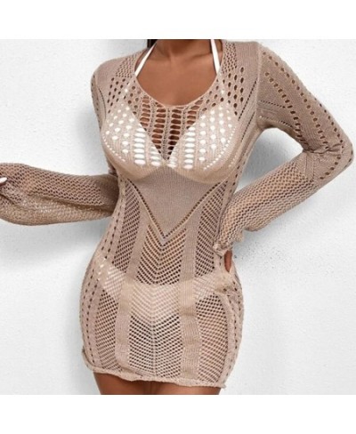 2023 Bikinis Cover-Ups Hollow Out Knit Crochet Mini Beach Dress Casual Women Long Sleeve V Neck Wrapped Short Dresses Beachwe...