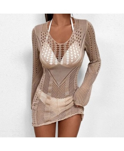 2023 Bikinis Cover-Ups Hollow Out Knit Crochet Mini Beach Dress Casual Women Long Sleeve V Neck Wrapped Short Dresses Beachwe...