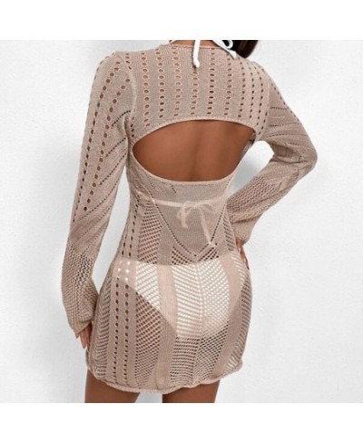 2023 Bikinis Cover-Ups Hollow Out Knit Crochet Mini Beach Dress Casual Women Long Sleeve V Neck Wrapped Short Dresses Beachwe...