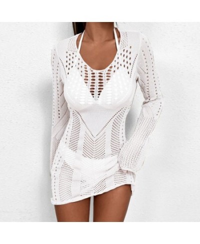 2023 Bikinis Cover-Ups Hollow Out Knit Crochet Mini Beach Dress Casual Women Long Sleeve V Neck Wrapped Short Dresses Beachwe...