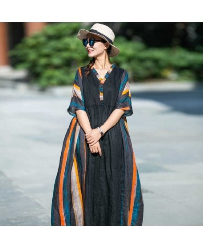 Women Vintage Striped Dresses V-Neck Short Sleeve Summer Robes 2023 New Patchwork Loose Women Clothes Original Dress $51.36 -...