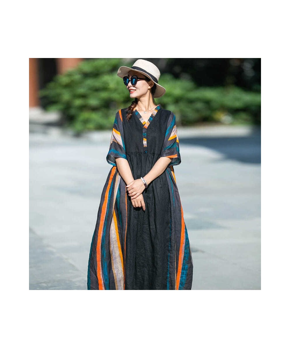 Women Vintage Striped Dresses V-Neck Short Sleeve Summer Robes 2023 New Patchwork Loose Women Clothes Original Dress $51.36 -...