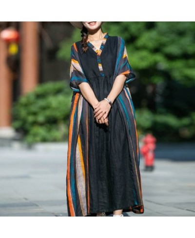 Women Vintage Striped Dresses V-Neck Short Sleeve Summer Robes 2023 New Patchwork Loose Women Clothes Original Dress $51.36 -...