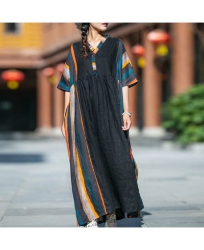 Women Vintage Striped Dresses V-Neck Short Sleeve Summer Robes 2023 New Patchwork Loose Women Clothes Original Dress $51.36 -...