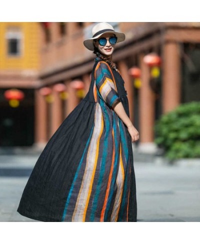 Women Vintage Striped Dresses V-Neck Short Sleeve Summer Robes 2023 New Patchwork Loose Women Clothes Original Dress $51.36 -...