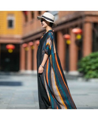 Women Vintage Striped Dresses V-Neck Short Sleeve Summer Robes 2023 New Patchwork Loose Women Clothes Original Dress $51.36 -...