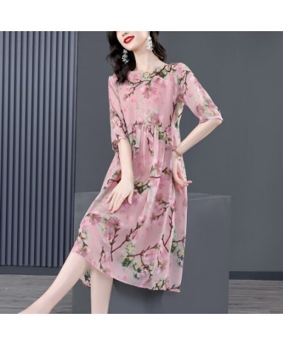 Women Pink Floral Mulberry Silk Midi Dress Summer Elegant Loose Waist Plus Size Dress 2022 Korean Vintage Casual Party Dress ...