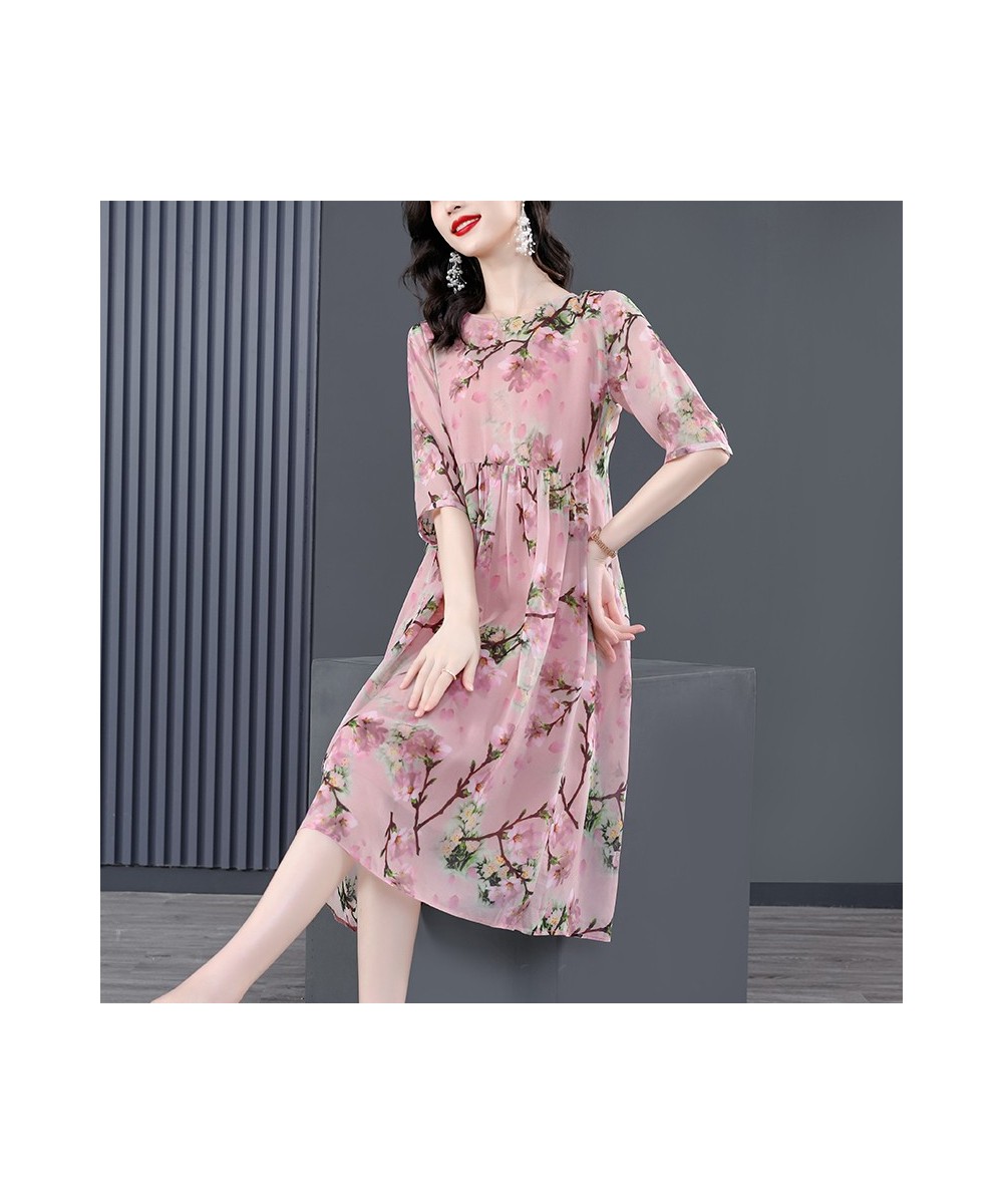 Women Pink Floral Mulberry Silk Midi Dress Summer Elegant Loose Waist Plus Size Dress 2022 Korean Vintage Casual Party Dress ...