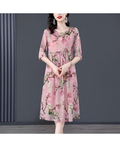 Women Pink Floral Mulberry Silk Midi Dress Summer Elegant Loose Waist Plus Size Dress 2022 Korean Vintage Casual Party Dress ...