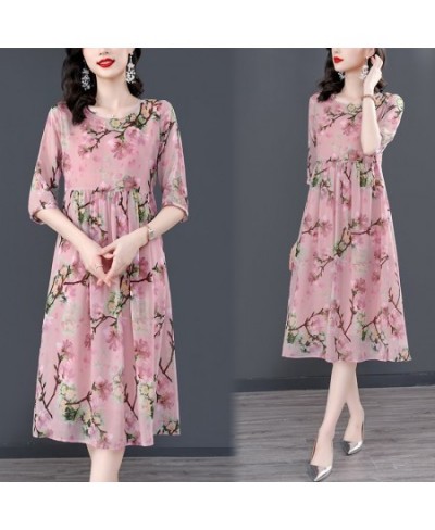 Women Pink Floral Mulberry Silk Midi Dress Summer Elegant Loose Waist Plus Size Dress 2022 Korean Vintage Casual Party Dress ...