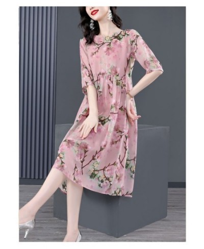 Women Pink Floral Mulberry Silk Midi Dress Summer Elegant Loose Waist Plus Size Dress 2022 Korean Vintage Casual Party Dress ...