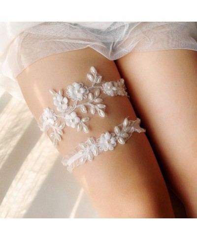 1 Set Female Wedding Garter Pearls Embroidery Flower Beading White Sexy Garters for Women Bride Thigh Ring Bridal Leg Garter ...