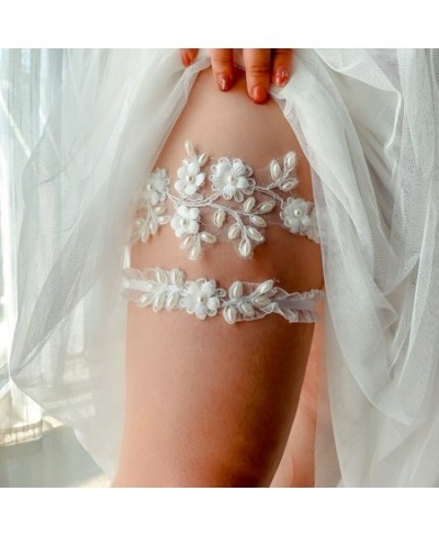 1 Set Female Wedding Garter Pearls Embroidery Flower Beading White Sexy Garters for Women Bride Thigh Ring Bridal Leg Garter ...