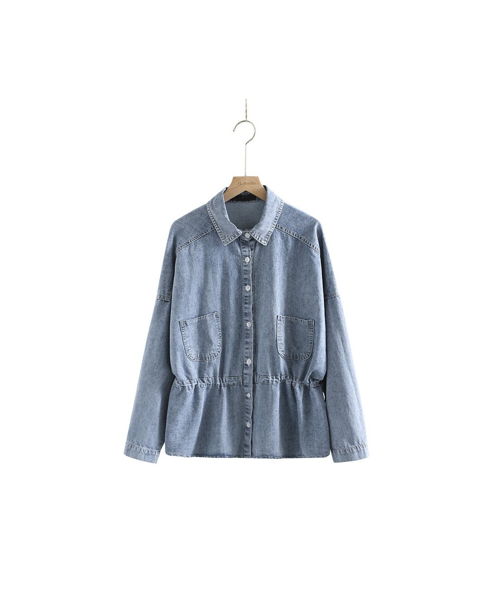 Plus Size Women's Long Sleeve Soft Denim Shirt With Lapel Collar Loose Spring And Autumn Tops With Drawstring Around The Wais...