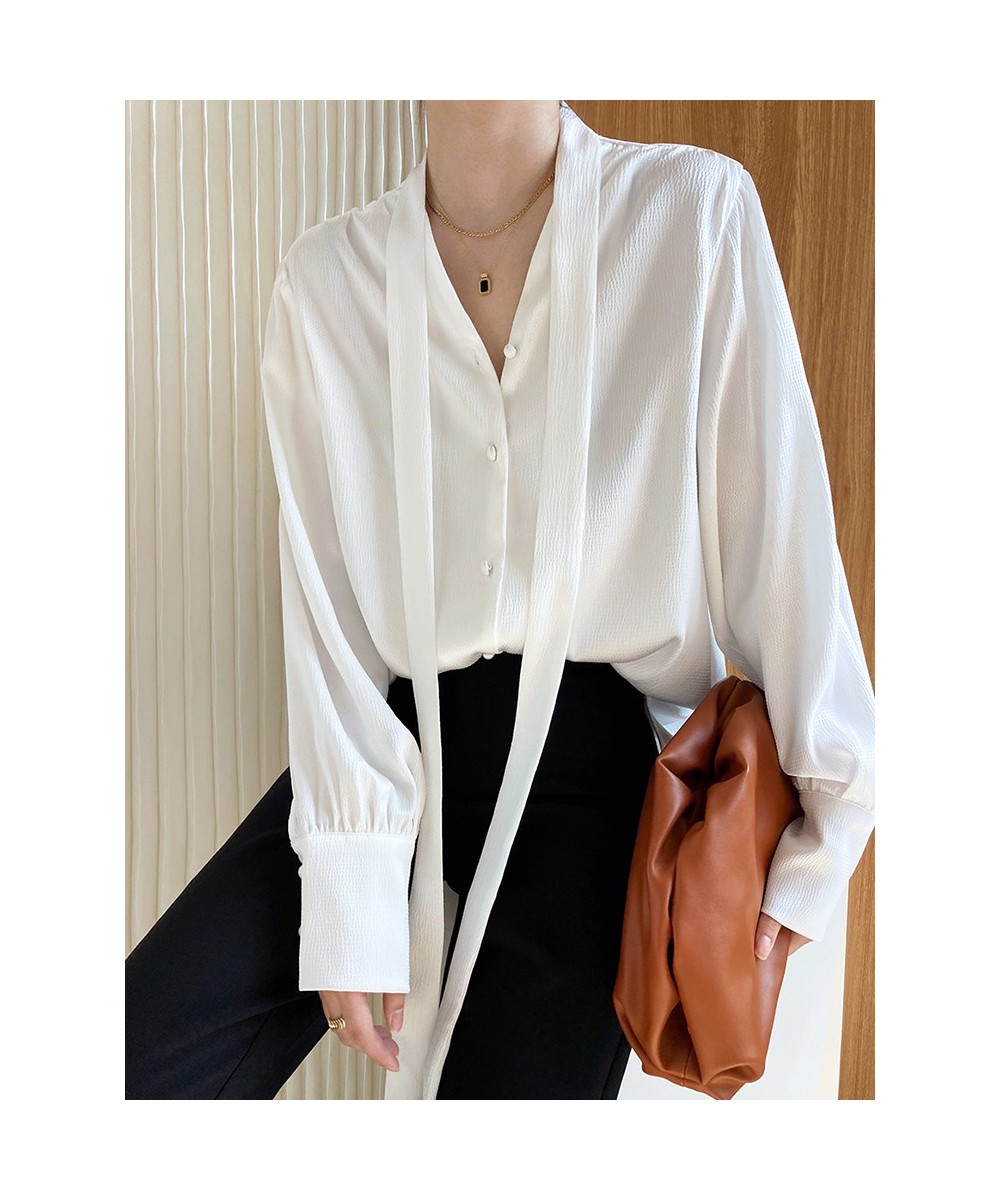 Elegant Women V-neck Sash Tie Up Single Breasted Shirt Office Lady Button Long Sleeve Solid Shirt Casual Loose Tops $48.28 - ...