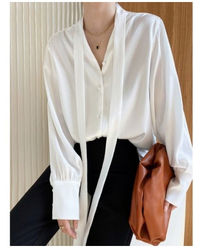 Elegant Women V-neck Sash Tie Up Single Breasted Shirt Office Lady Button Long Sleeve Solid Shirt Casual Loose Tops $48.28 - ...