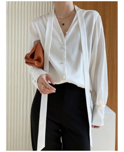 Elegant Women V-neck Sash Tie Up Single Breasted Shirt Office Lady Button Long Sleeve Solid Shirt Casual Loose Tops $48.28 - ...