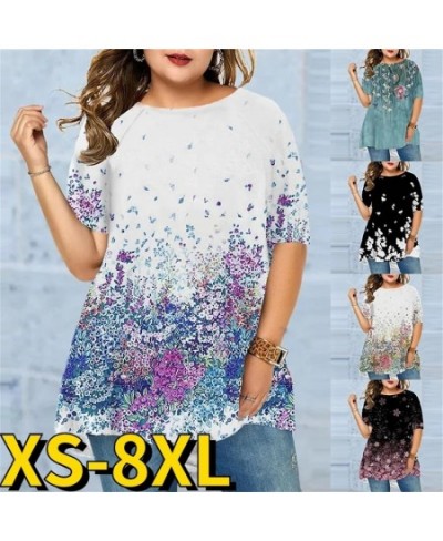 Short Sleeve Women T-Shirts Summer Female Floral Print Tee Lady Casual Tops Large Size Round Collar T-Shirt Pullovers Tee Shi...