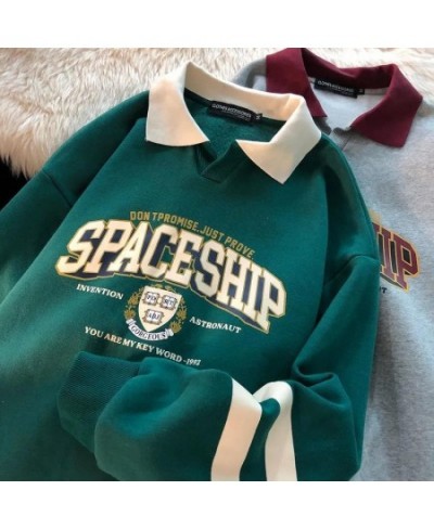 Hip Hop Vintage Green SPACESHIP Badge Printed POLO Shirt Sweatshirt Women Streetwear Tops Plus Size Clothes for Teens Autumn ...