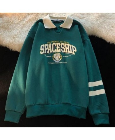 Hip Hop Vintage Green SPACESHIP Badge Printed POLO Shirt Sweatshirt Women Streetwear Tops Plus Size Clothes for Teens Autumn ...