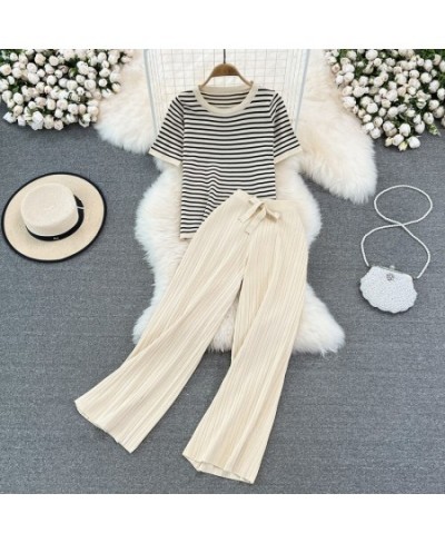 Women Tracksuit Summer Striped Knit Ppullover And Long Pants 2 Piece Sets Korean Casual Loose Outfits Knitted 2023 New Suits ...