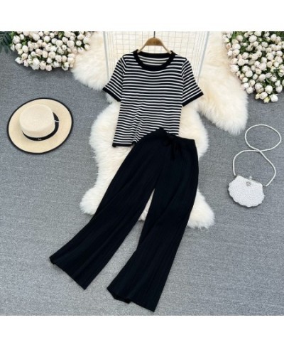 Women Tracksuit Summer Striped Knit Ppullover And Long Pants 2 Piece Sets Korean Casual Loose Outfits Knitted 2023 New Suits ...